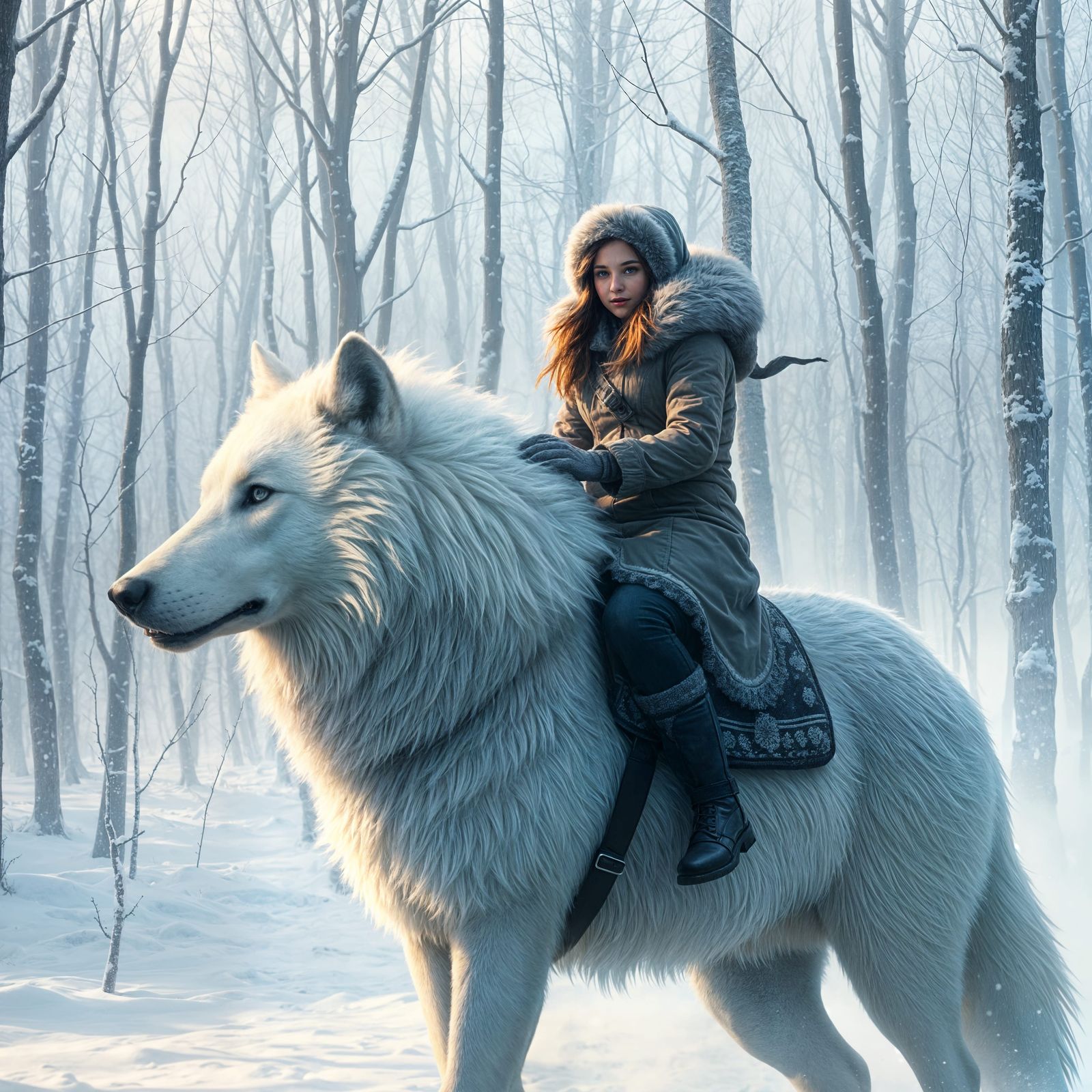 Girl Rides White Wolf in Winter Landscape