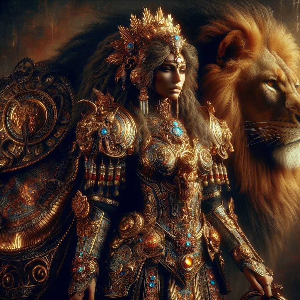 Ishtar in Middle-Eastern Inspired Armor with Lion
