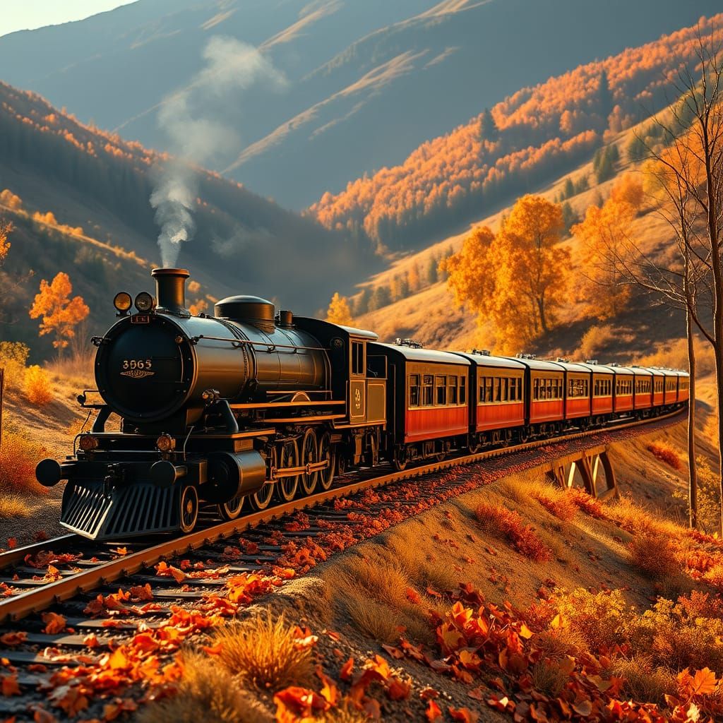 Vibrant Autumn Train Scene in 19th Century Style