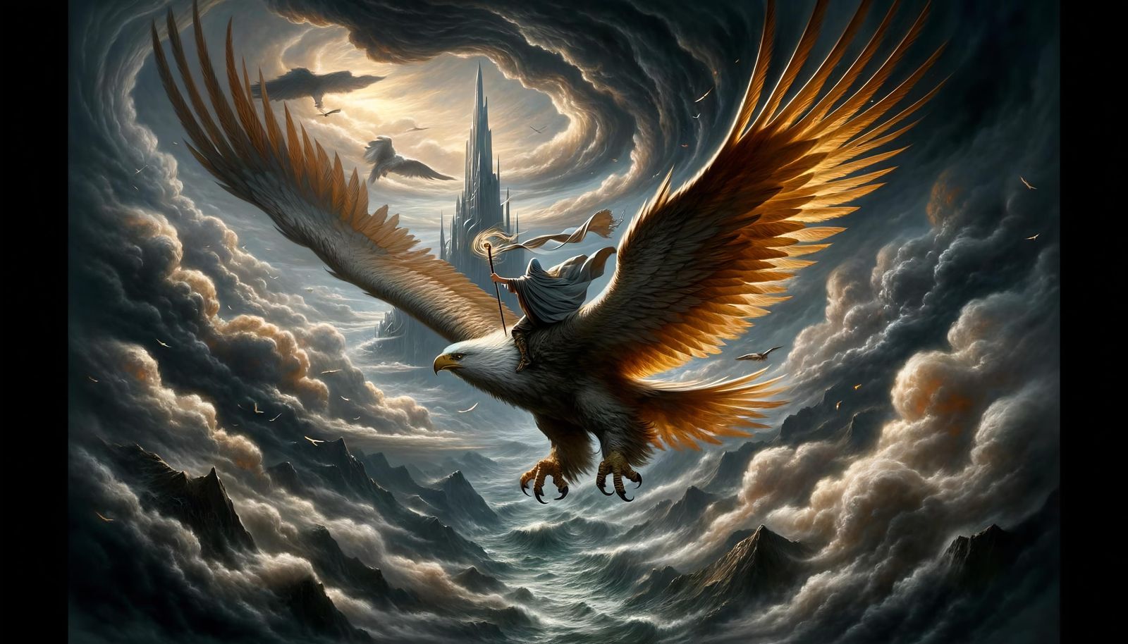Eagle and Wizard Escape Ominous Tower in High-Fantasy Art