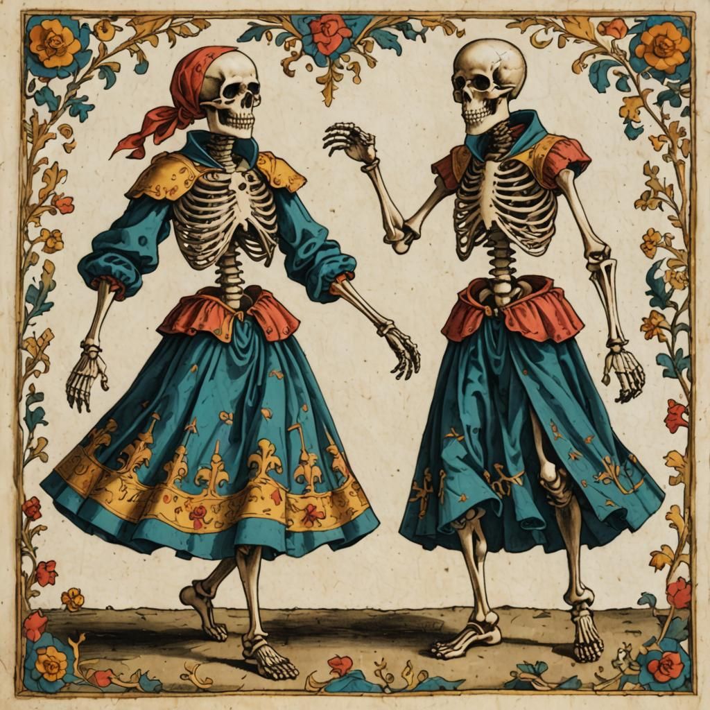 Dancing Skeletons in Medieval Art Style