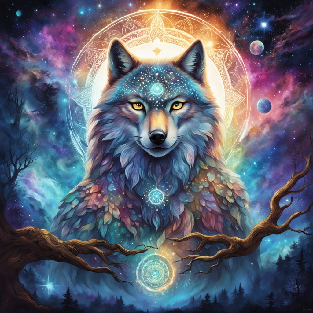 Wolf Spirit Animal in Cosmic Galaxy with Spirit Tree and Oth...