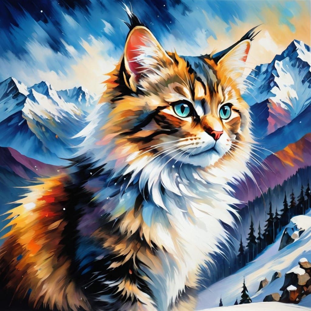 Winter Kitten in the Snowy Alps, in Vibrant Oil Painting Sty...
