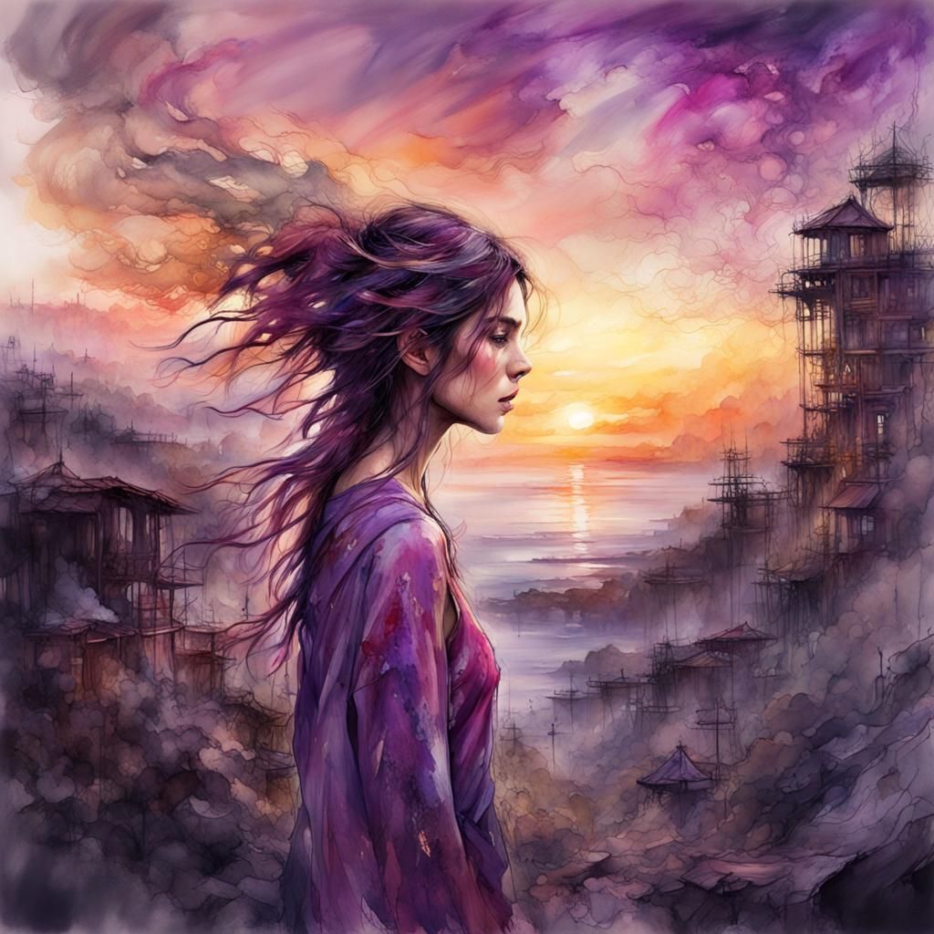 Fantasy Sunset: A Digital Watercolor Masterpiece
