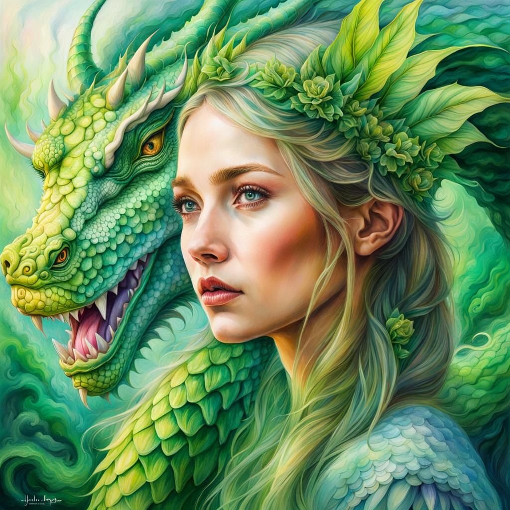 Stunning Color Pencil Sketch Portrait Green Dragon in Wonderland