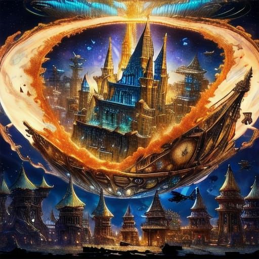 Steampunk Airship Soaring Through Nebula Sky