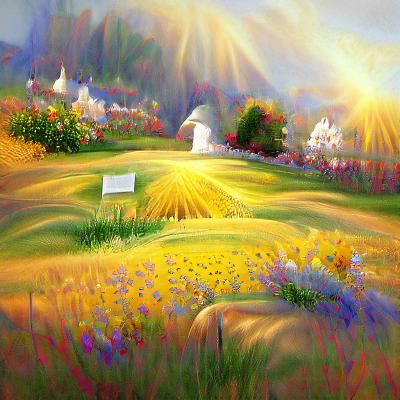 Watercolor Meadow at Sunrise in Kinkade Style