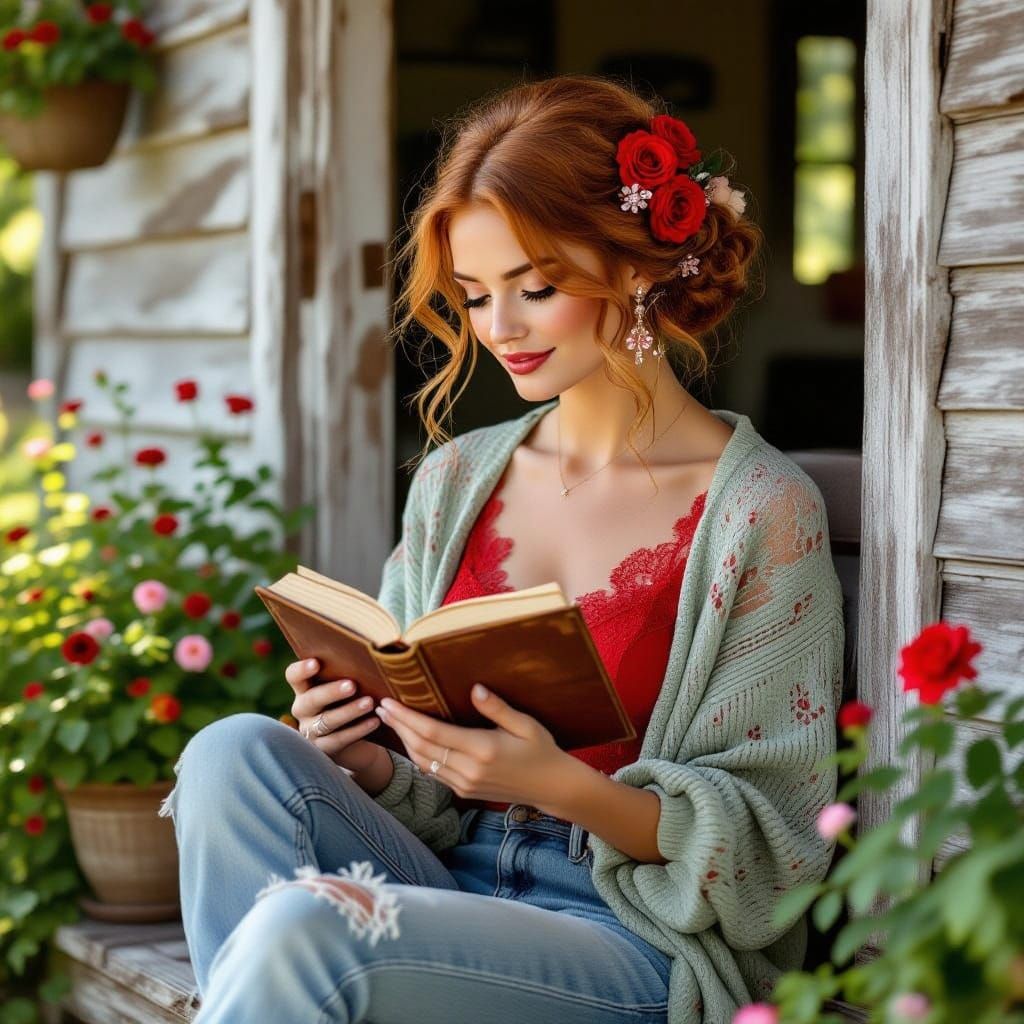 Elegant Copper Haired Woman in Rustic Cottage Setting