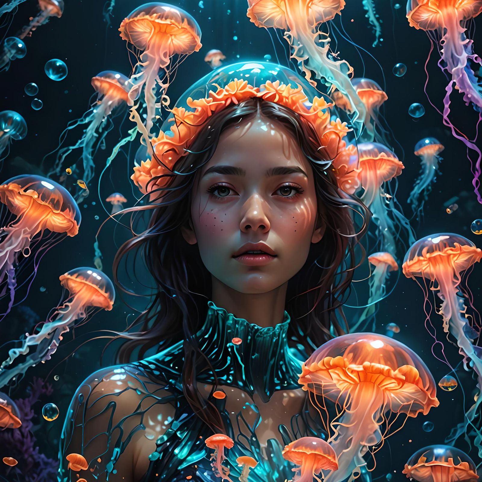 Bioluminescent Coral Woman in Ethereal Underwater Scene