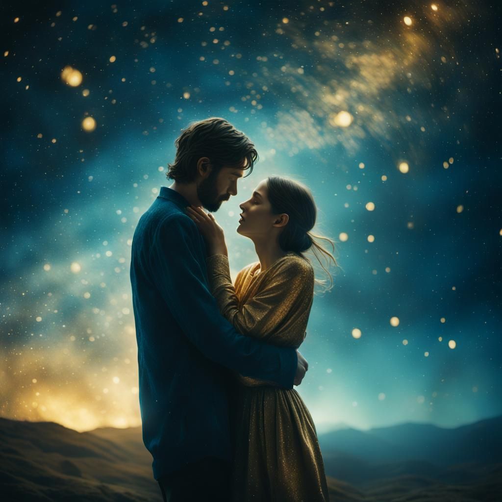Embracing Figures Floating in Stardust Night Sky