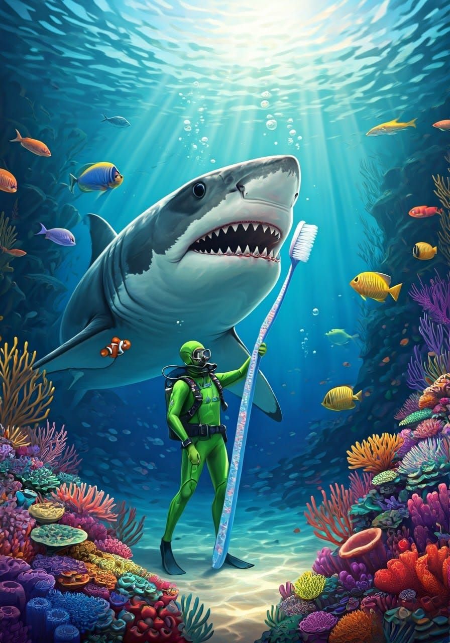 A dentist brushes a great white shark's teeth.