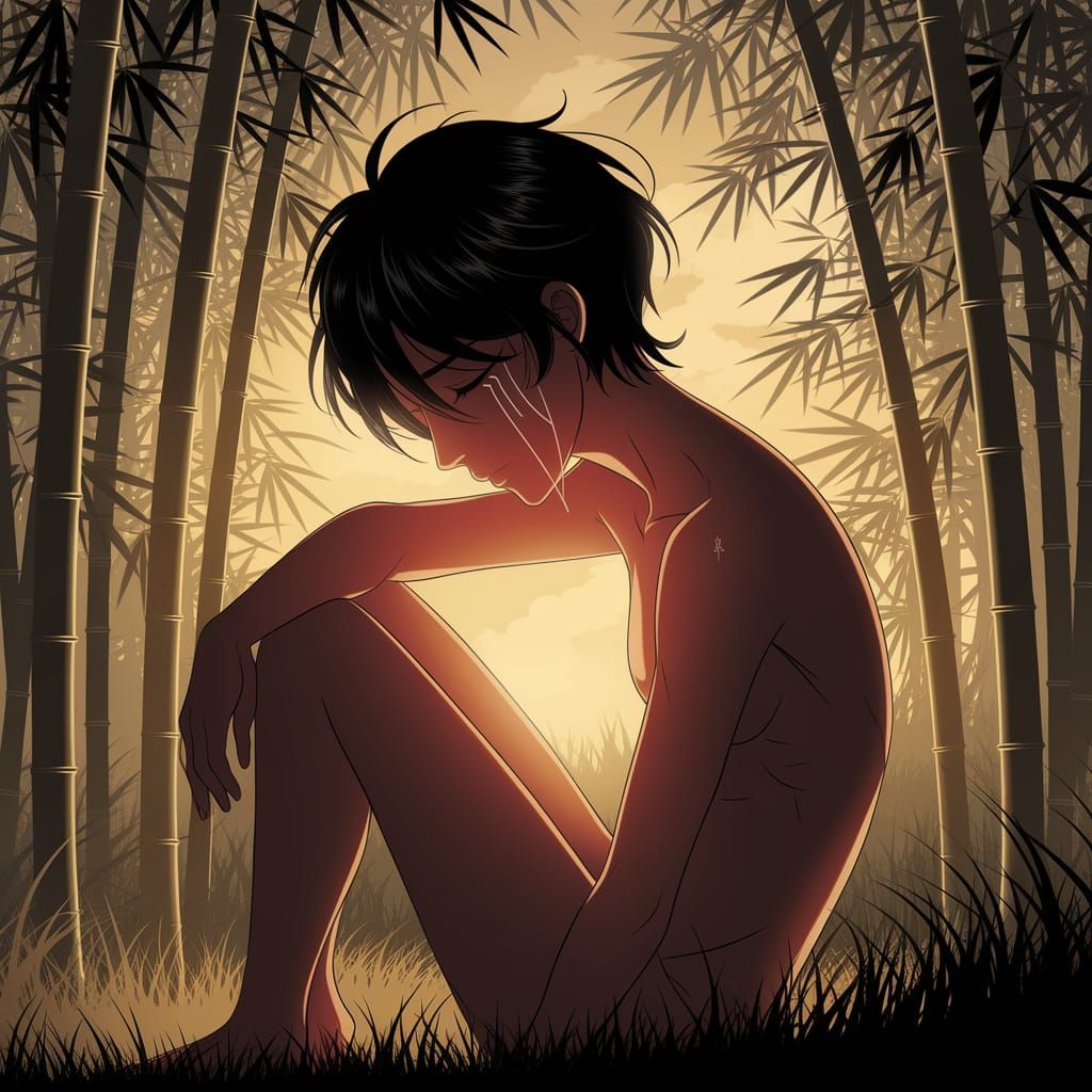 Anime Style Agony in Golden Bamboo Forest