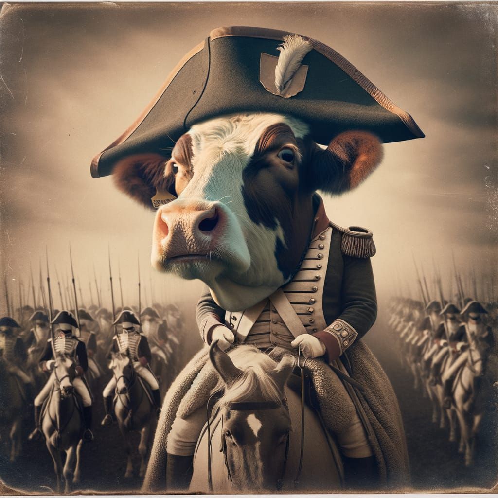 Cow as Napoleon Leading Army: Vintage Photograph
