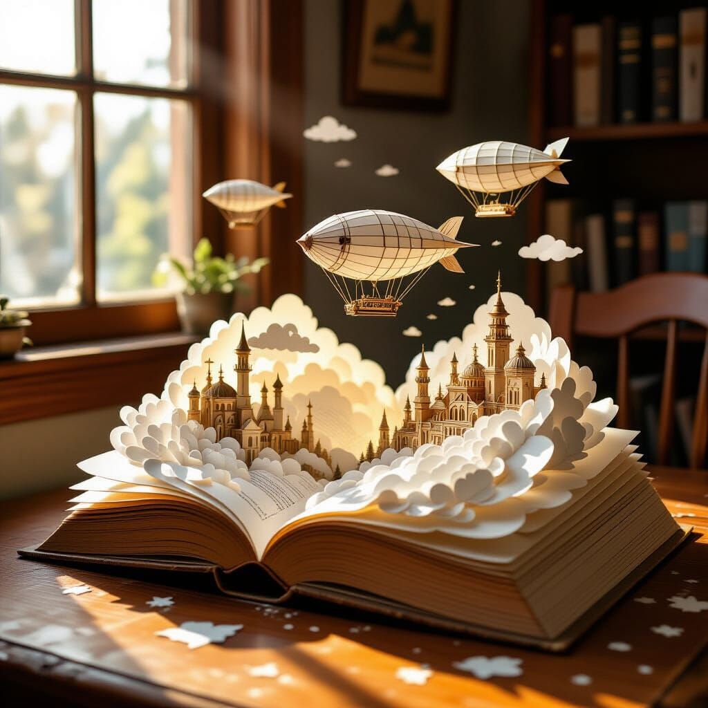 Steampunk World Blooms From Open Book as Papercut Art