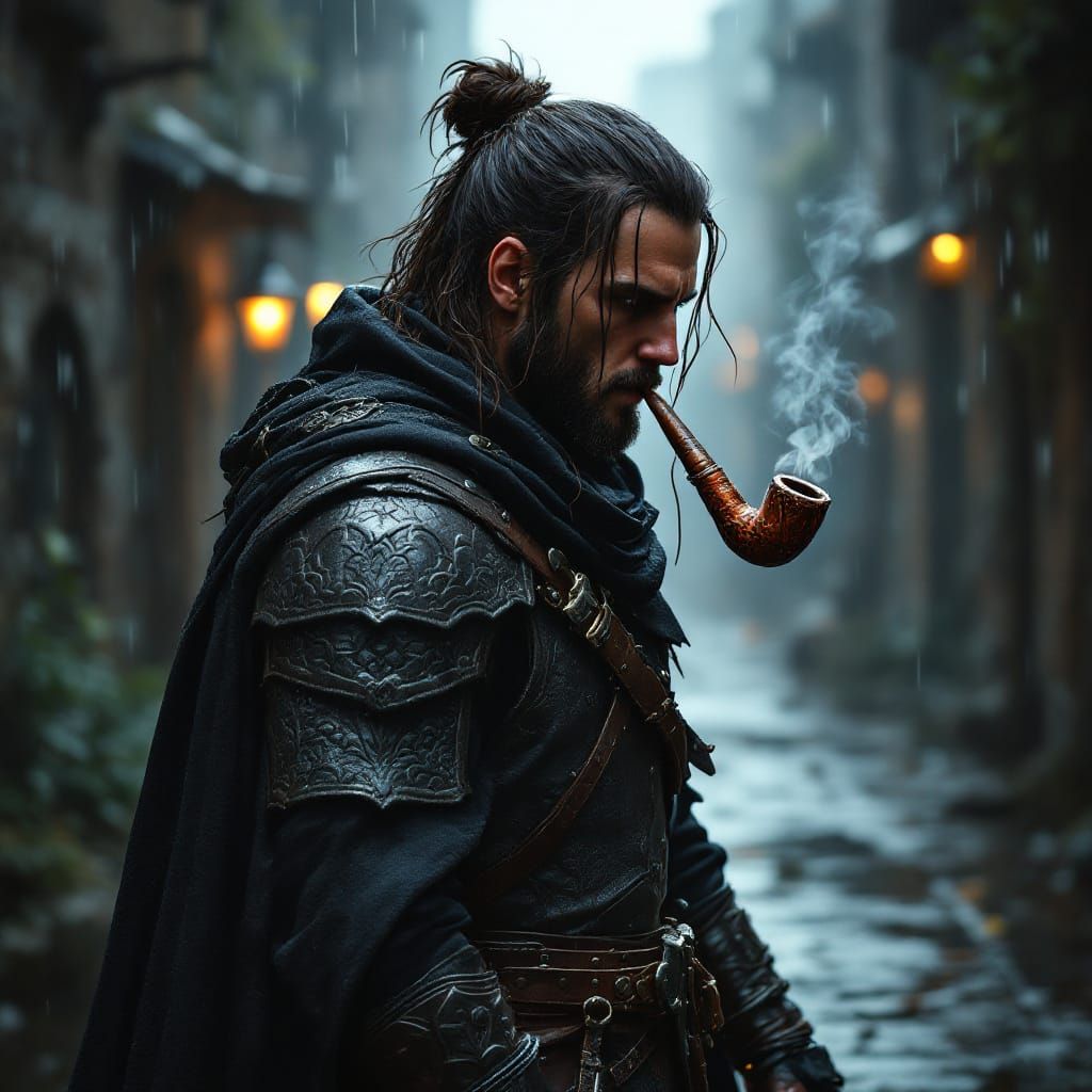 Brooding Ranger in Rain-Soaked Alleyway: Hyper-Realistic Art