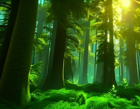Glowing Old Trees in Enchanted Forest: 3D Art