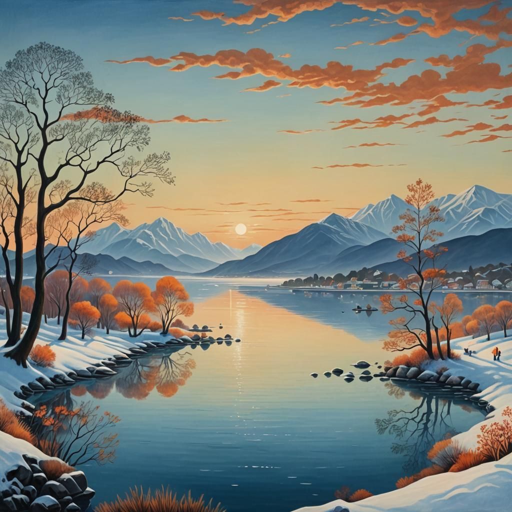 Surrealist Sunset Bay With Snow Mountains