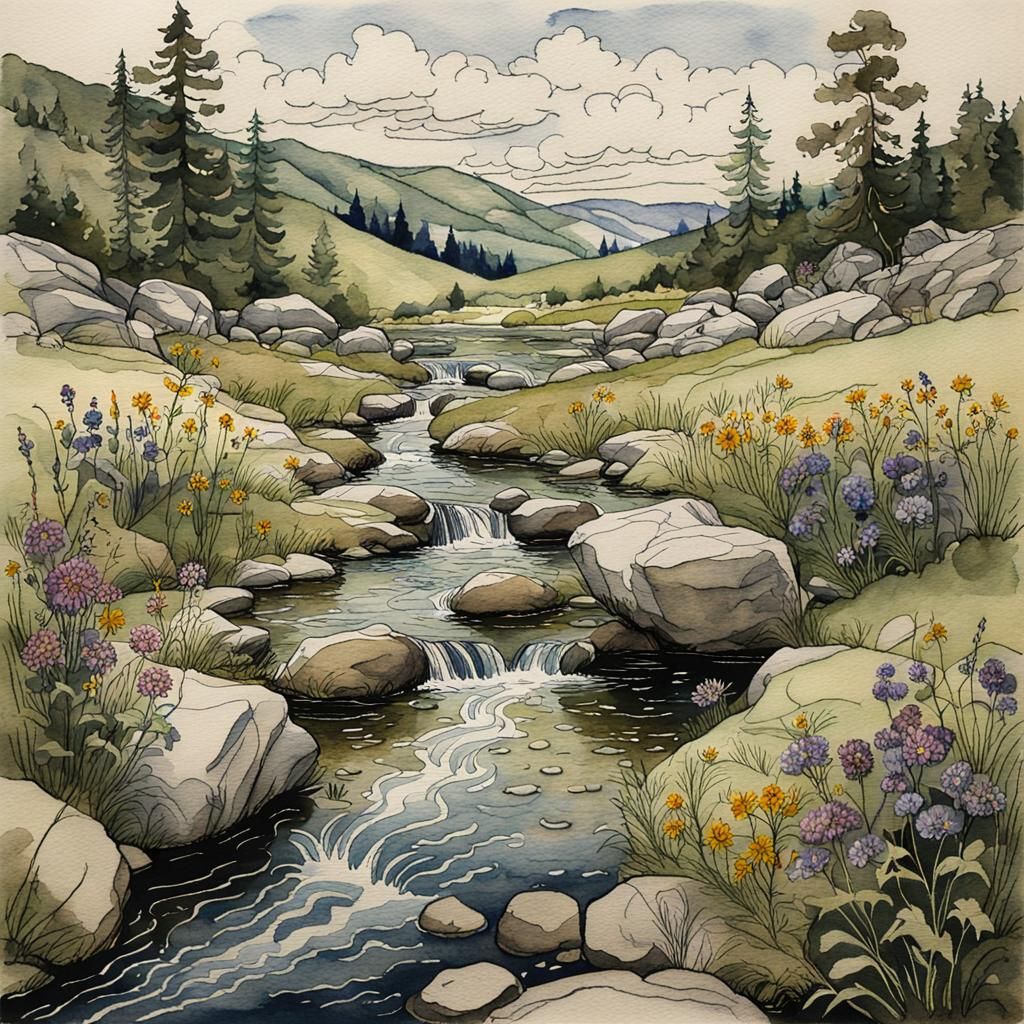 Watercolor Stream in Wildflower Field