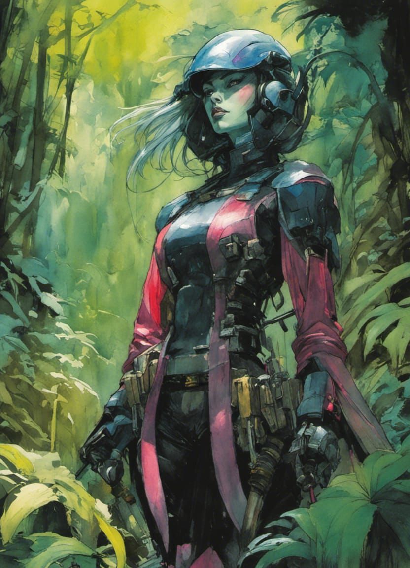 Neon Goth Witch Mechwarrior in Lush Jungle