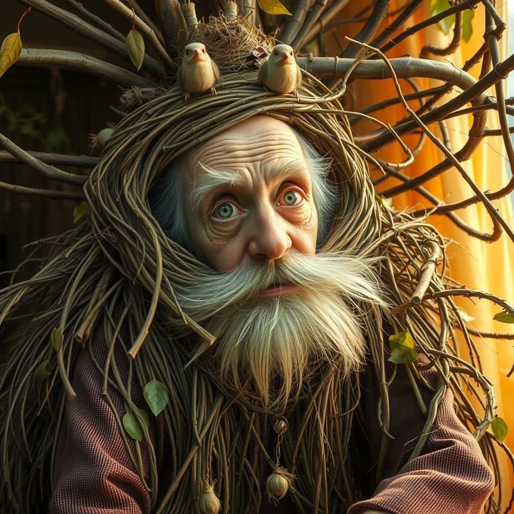 Bewildered Old Man with Bird Nest Beard