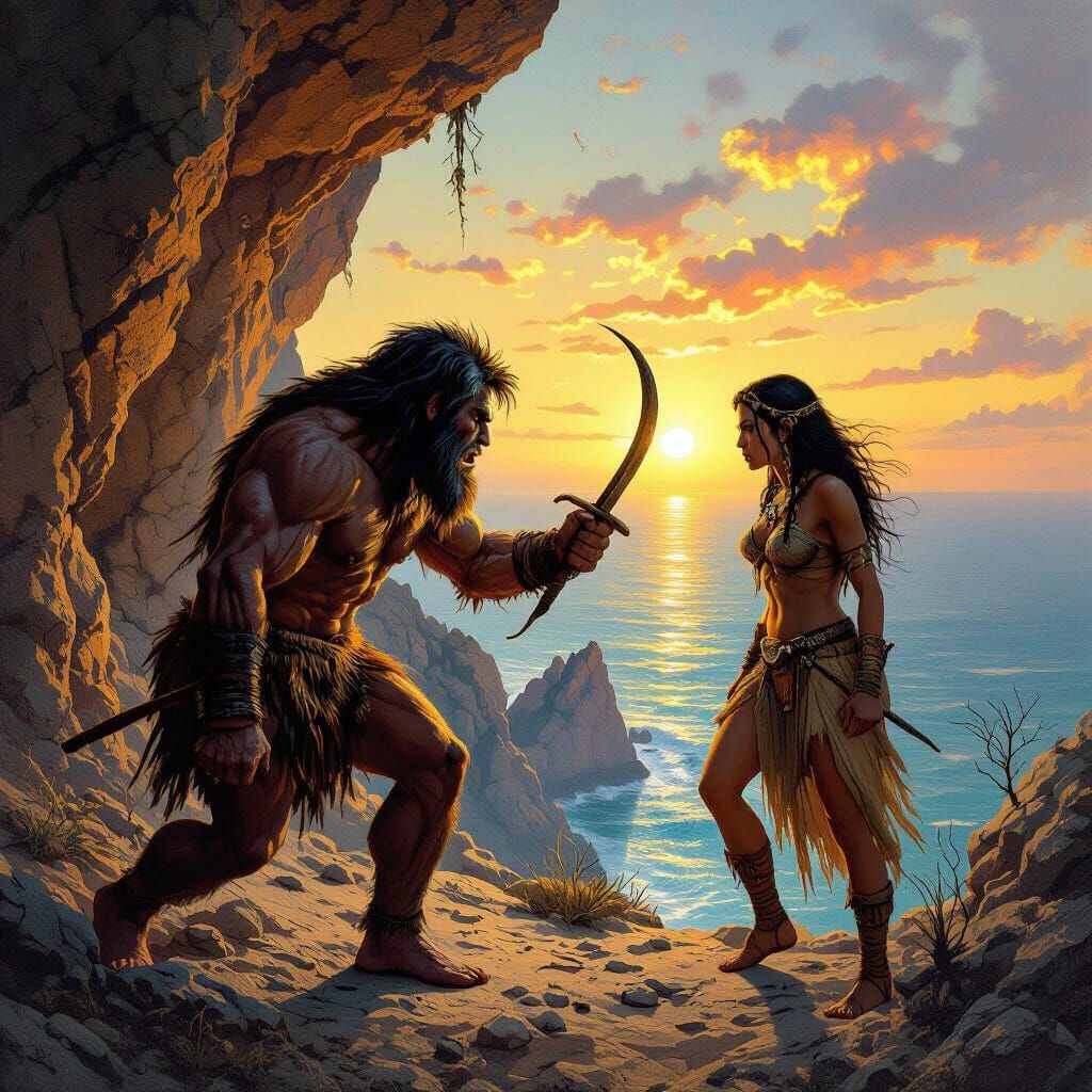 Neanderthal vs Sapiens at Cliff Edge: Prehistoric Woman Watc...