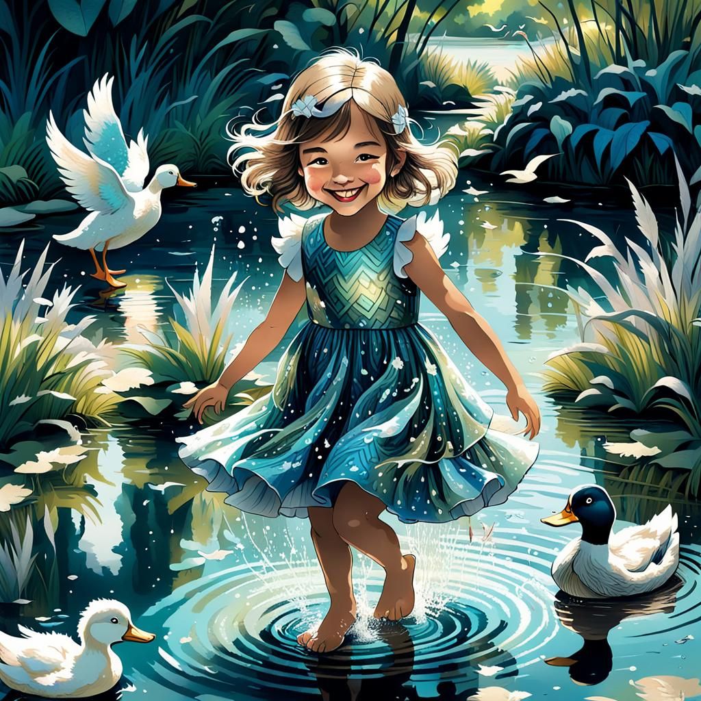 Enchanting Pond Scene with Girl and Surreal Birds