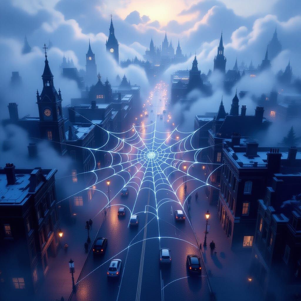 Ethereal City Streets Like A Spiderweb In Mist
