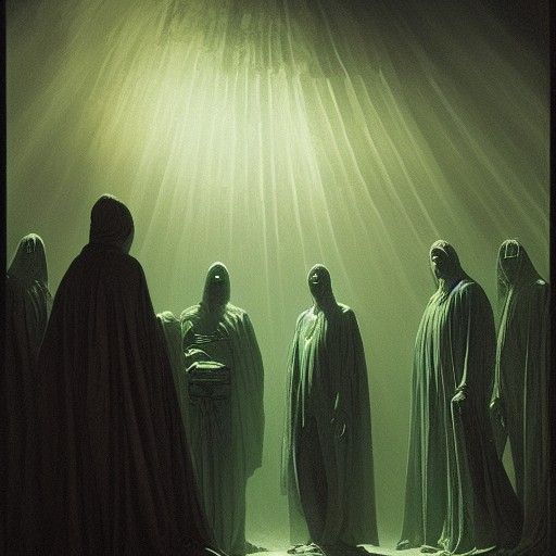 Eerie Cultists Circle Glowing Pyramid in Horror Style