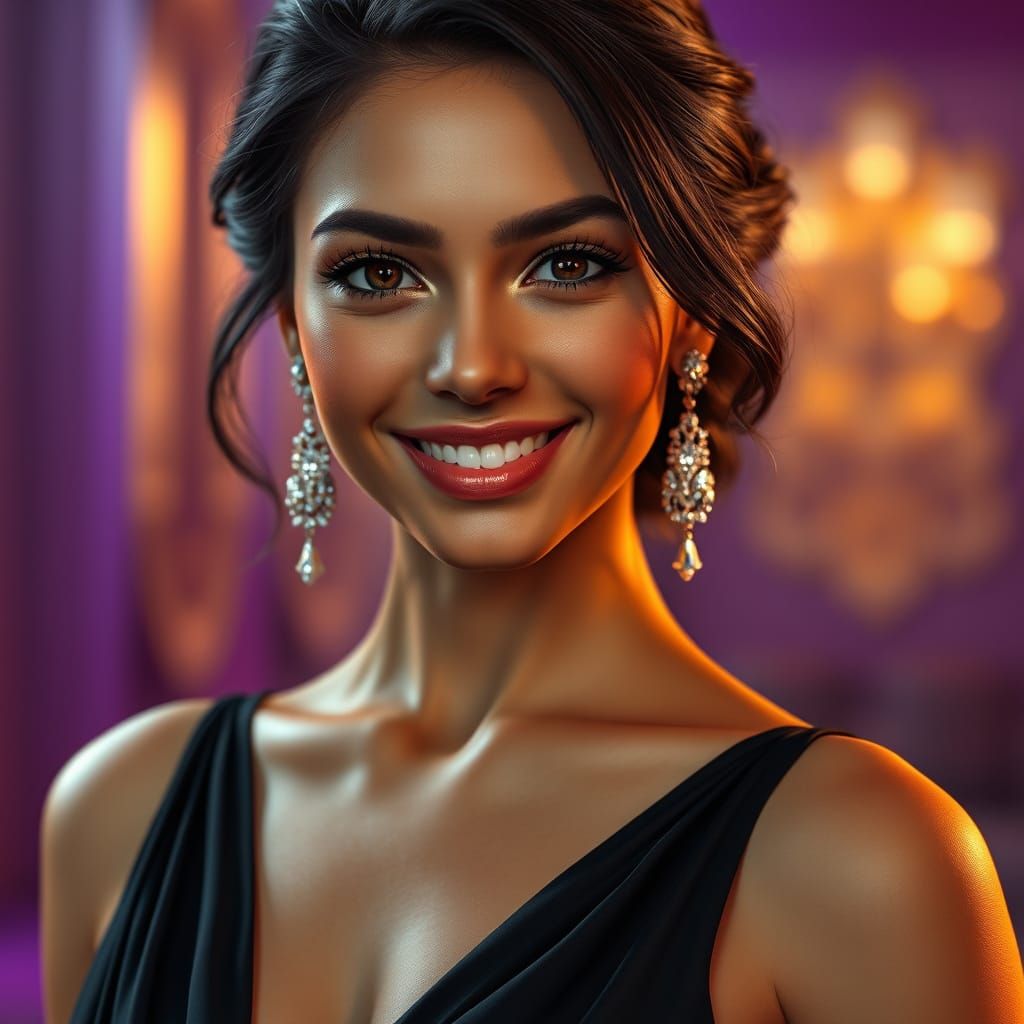 realistic portrait of a charming young Latin woman, brown eyes inviting smile. She wears exquisite, , diamond earrings a...