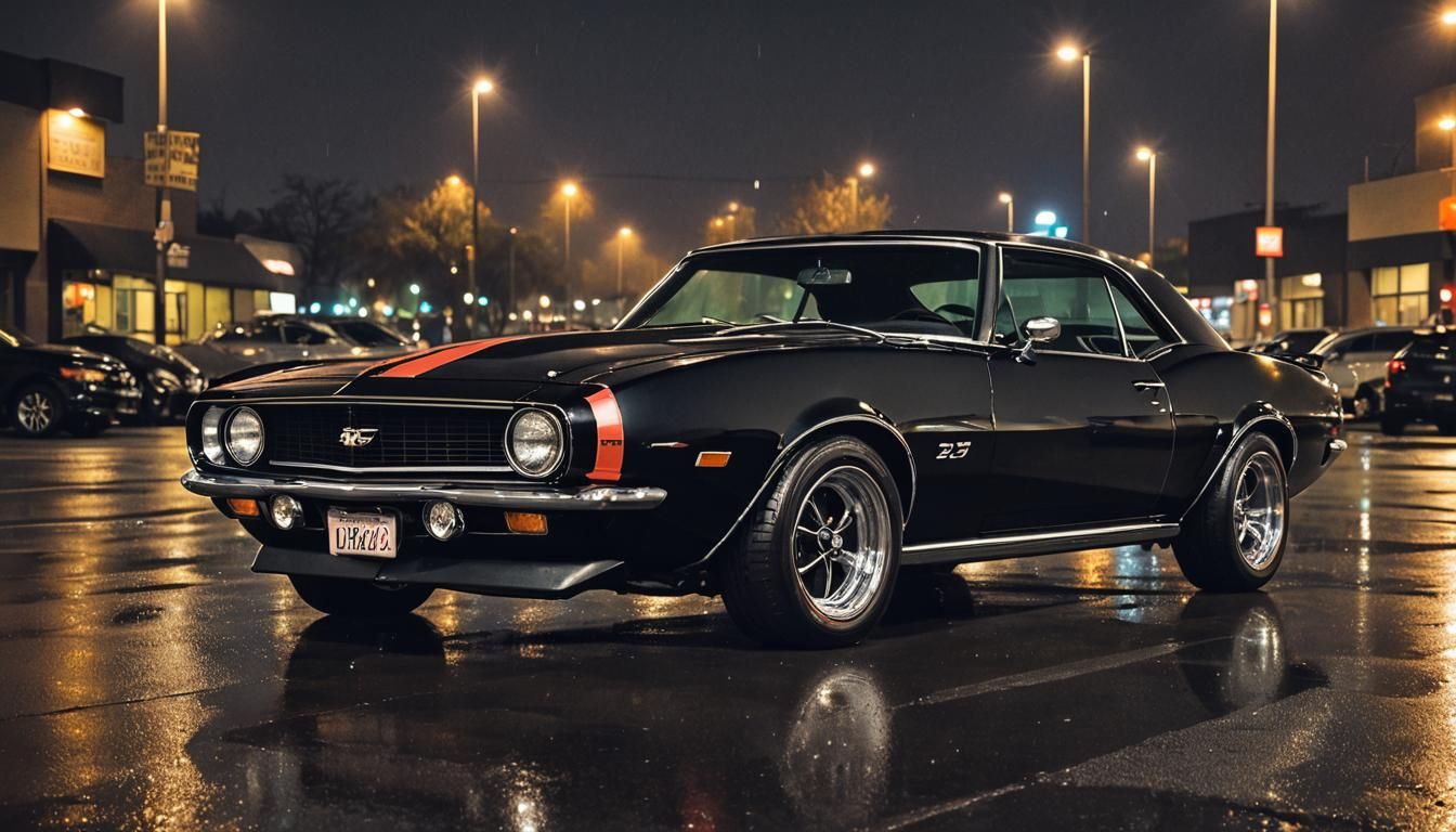 Black 1968 Camaro Z28 Parked at Night