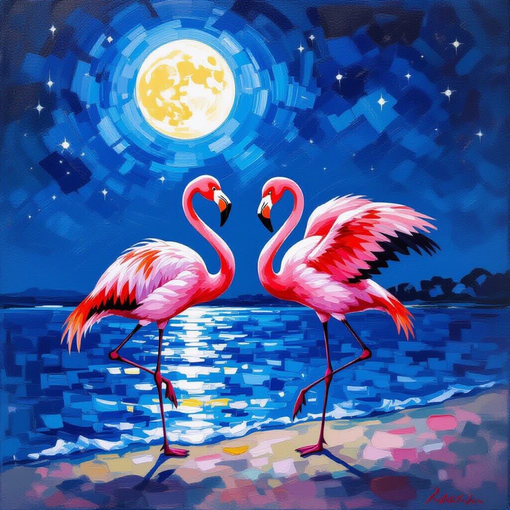Flamingos Dance Under Romantic Full Moon Sky