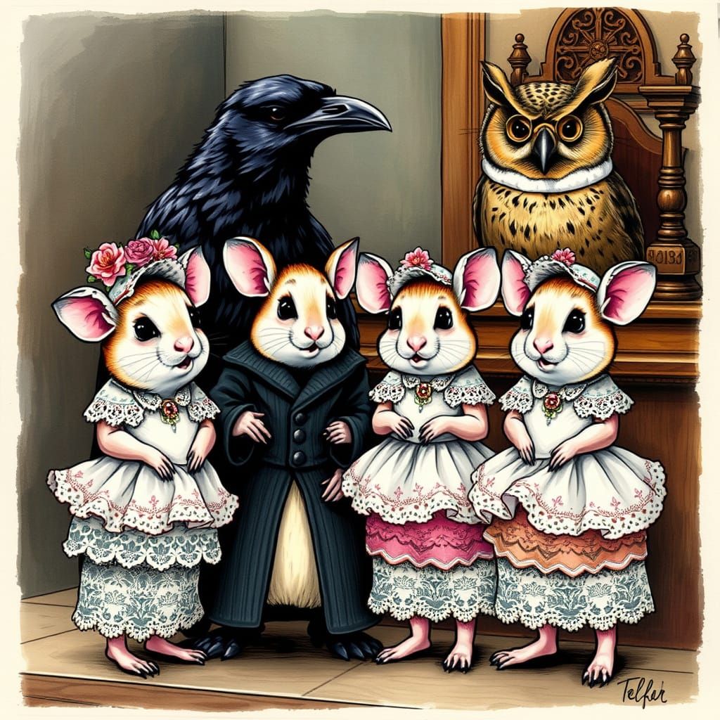 Whimsical Voles in Lace Dresses Stand Trial with a Raven and...