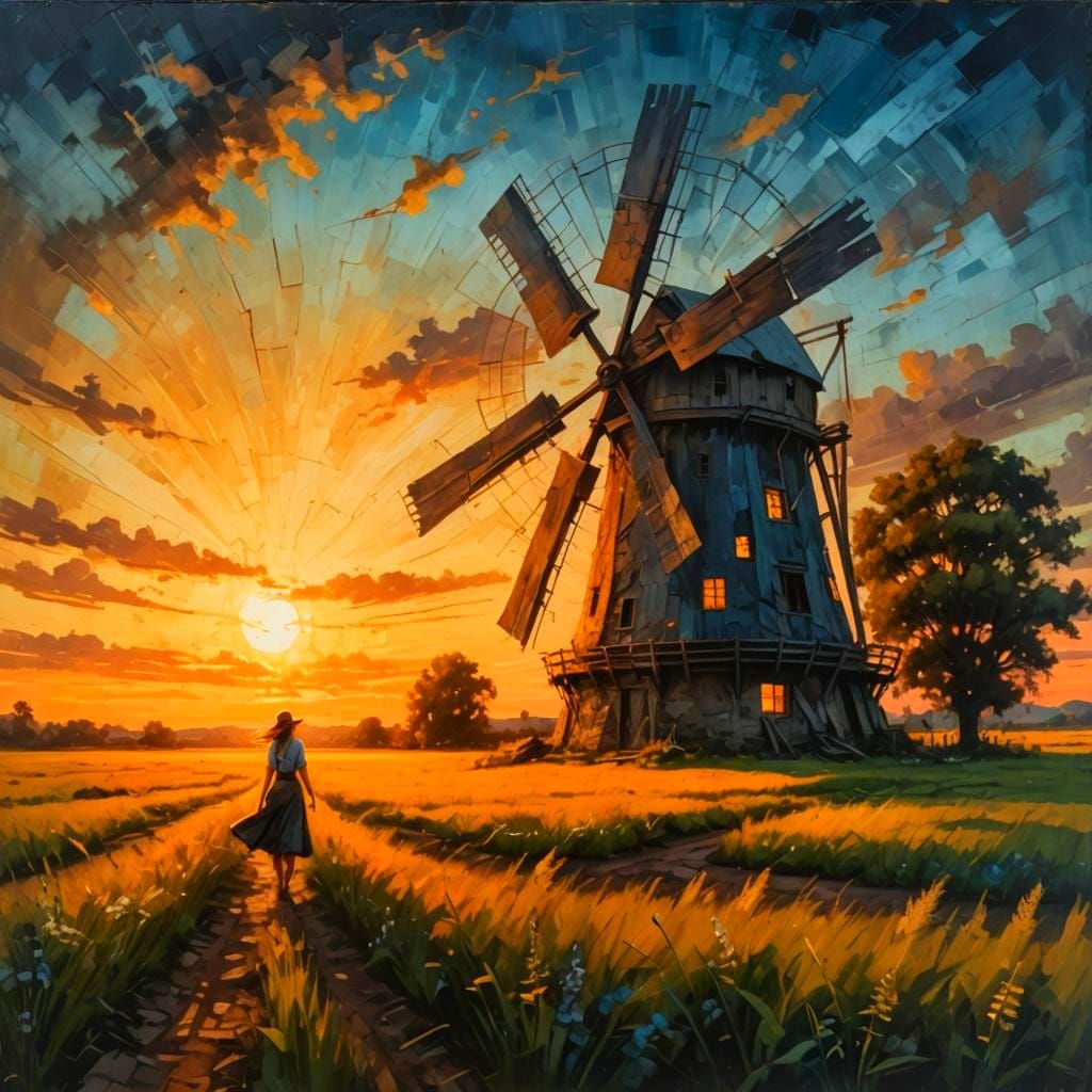 Rustic Windmill at Sunset in Acrylic Painting