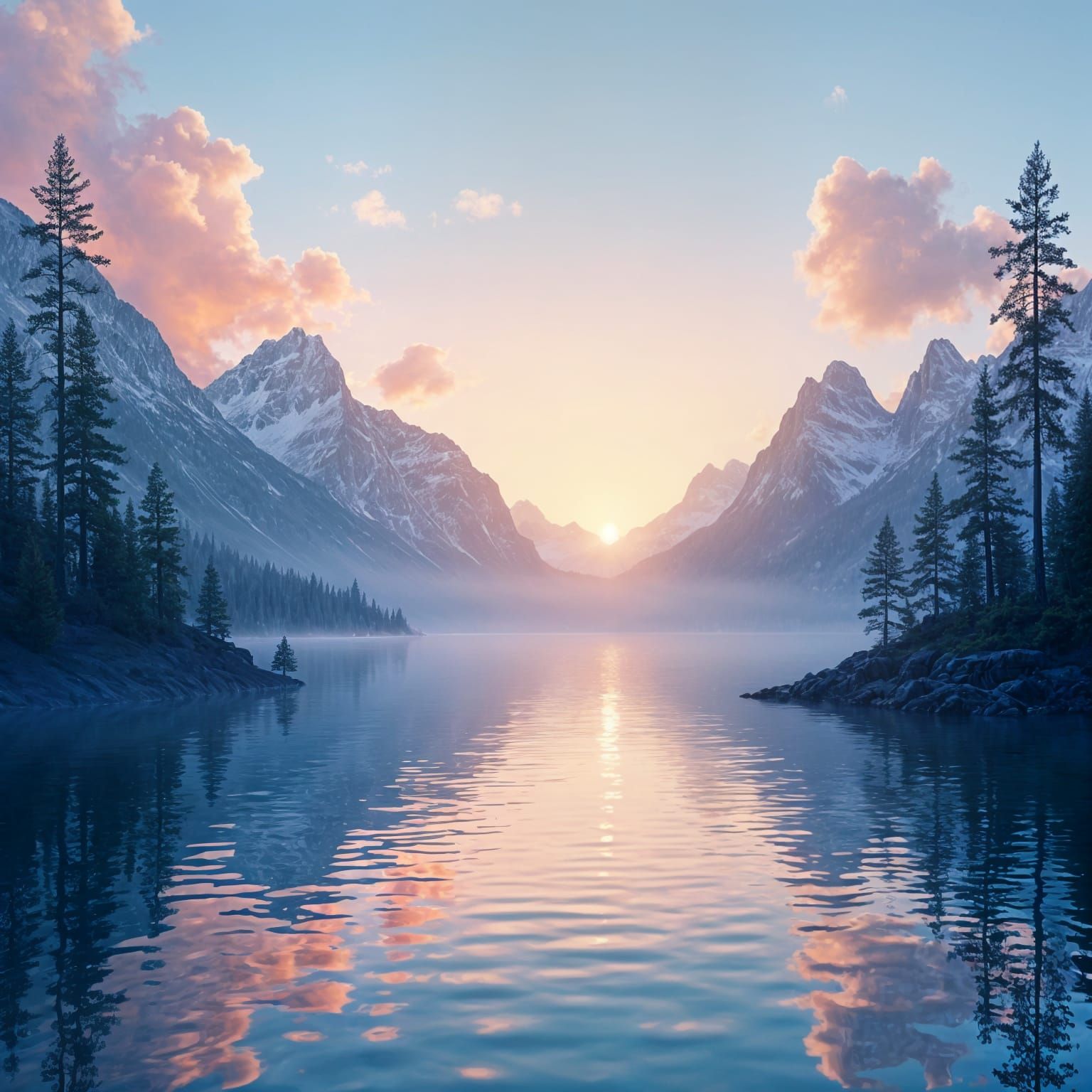 Pastel Sunset Over Mountain Lake