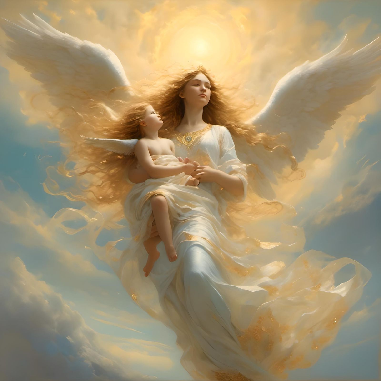 Serene Angel Carries Baby in Pastel Sky