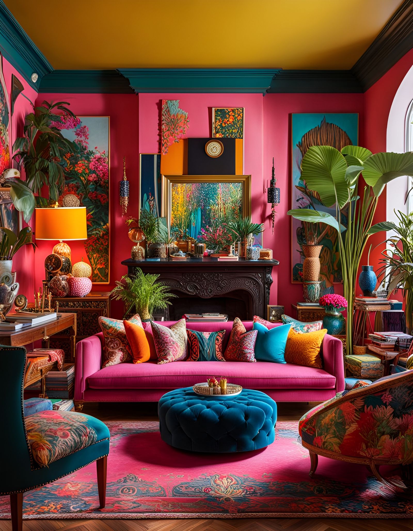 Colorful Maximalist Living Room in Mixed Media