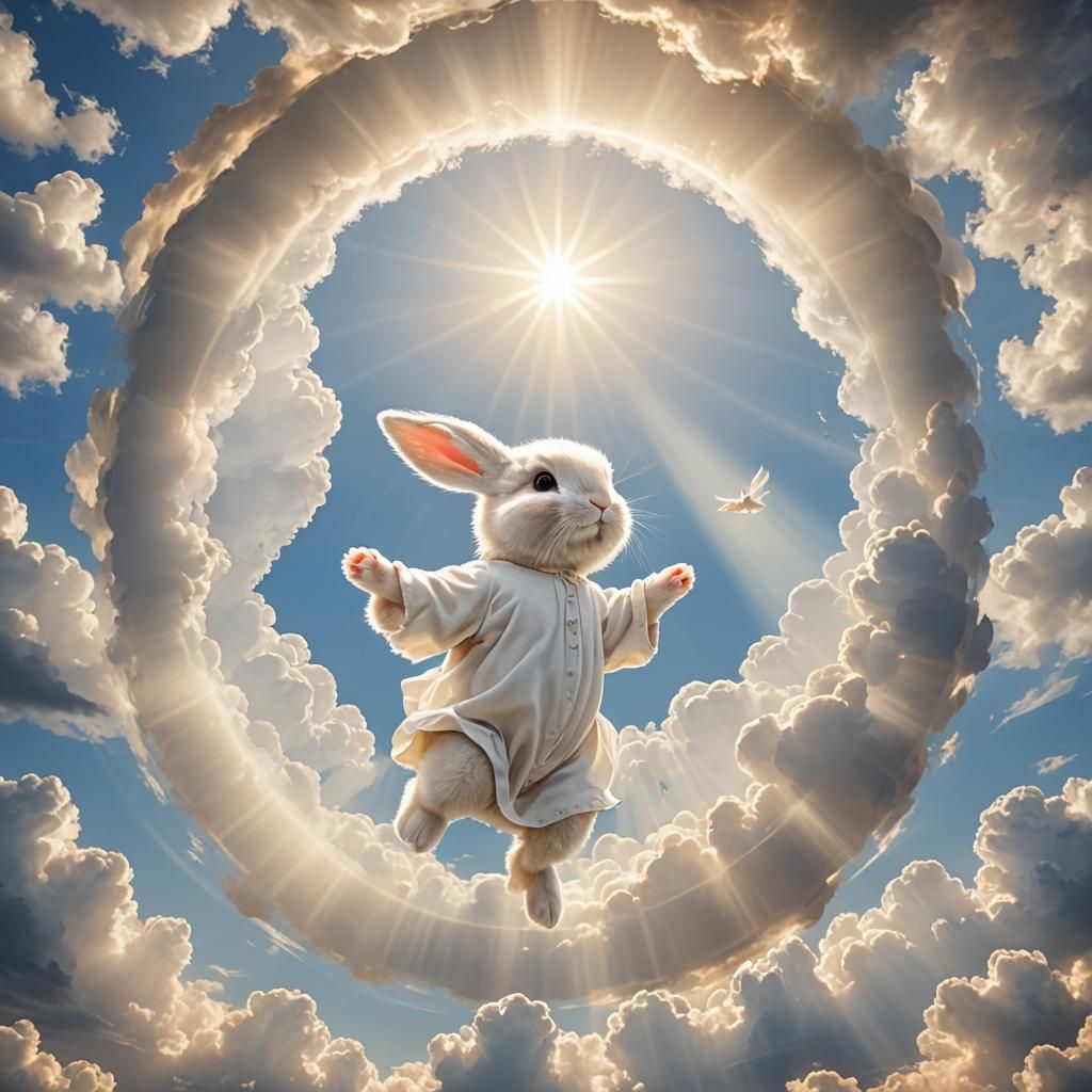 Angelic Bunny Ascends to Heaven in Divine Light