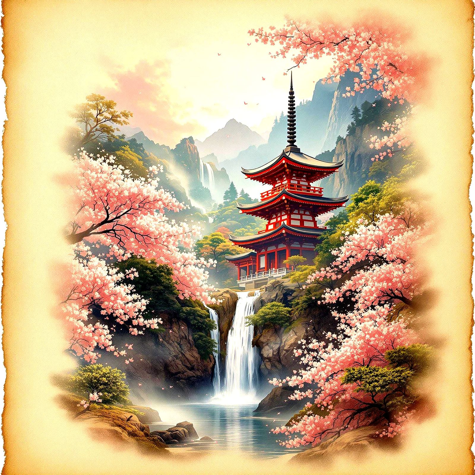 Surreal Shinto Temple Scroll in Vibrant Holographic Style
