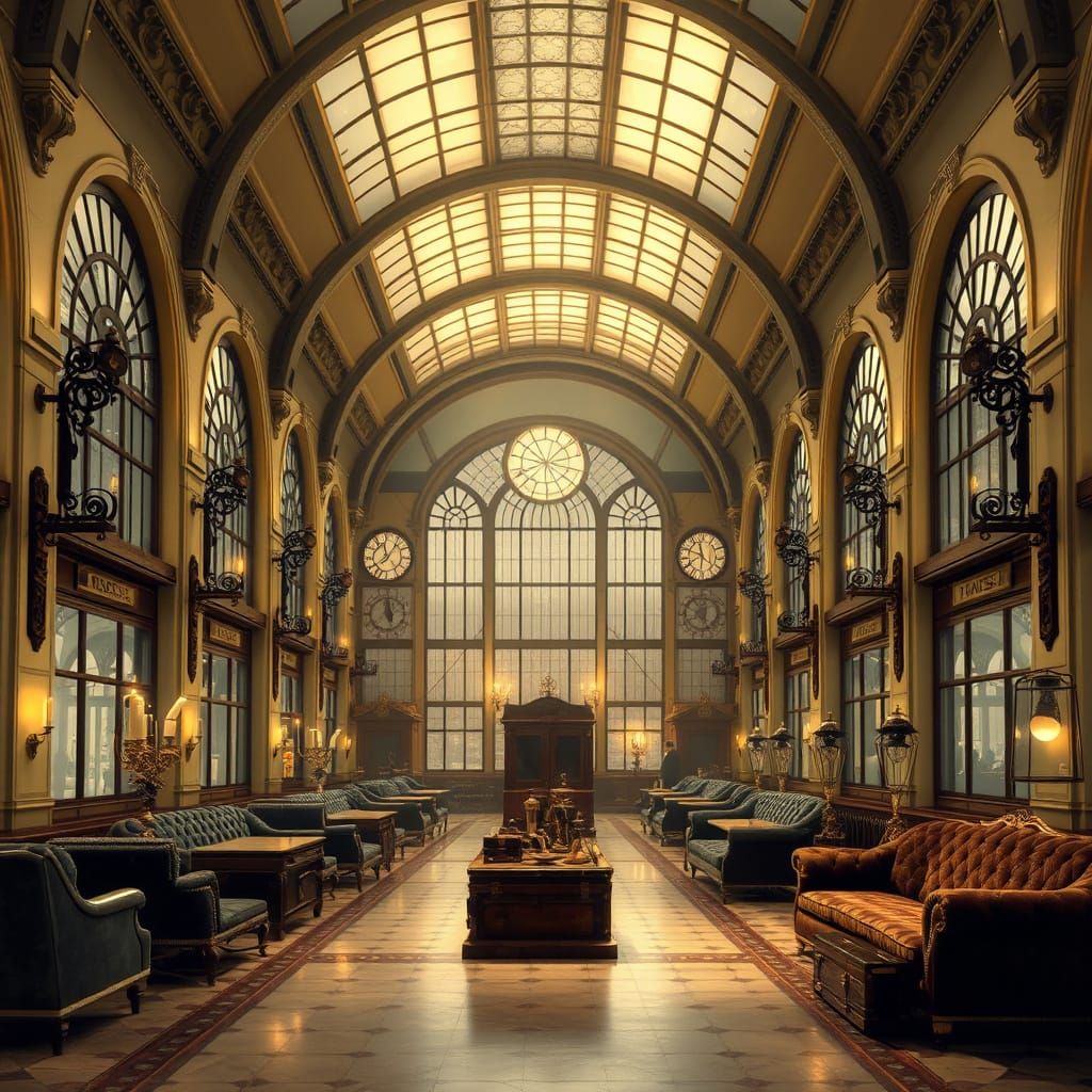 Steampunk European Train Station Interior in Rich, Opulent S...