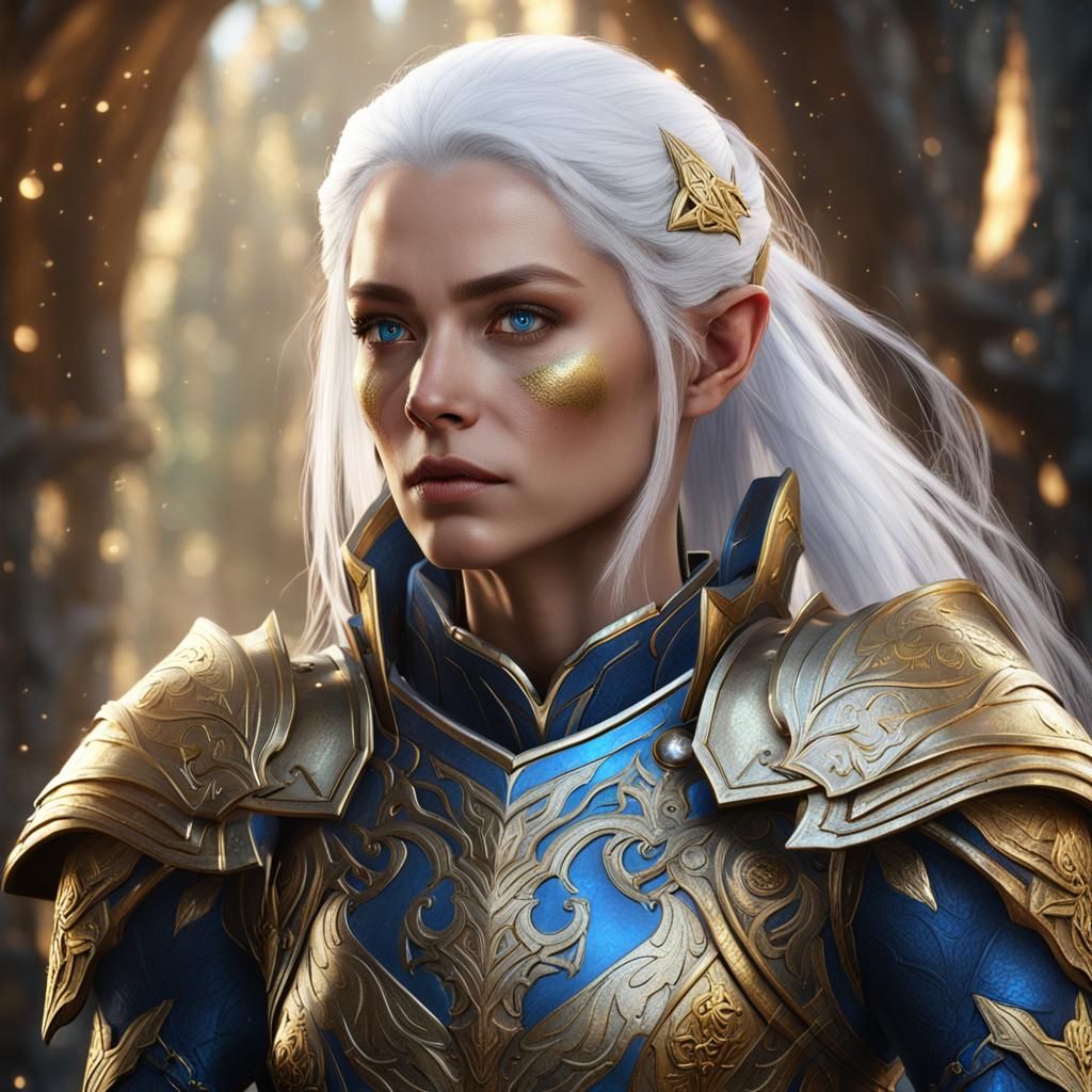 Wood Elf Cleric with Gold Armor, Fantasy Art