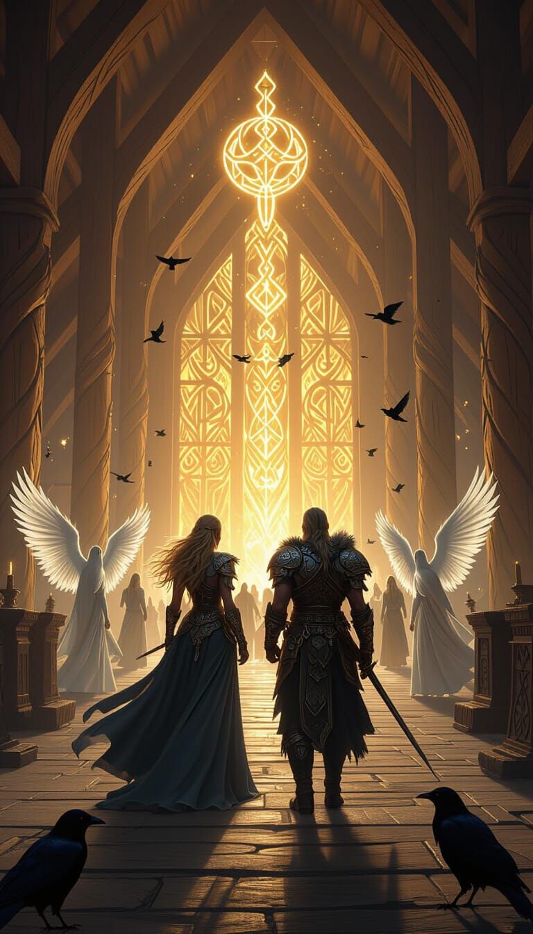 Valkyrie and Warrior Enter Radiant Nordic Hall in Fantasy Ar...