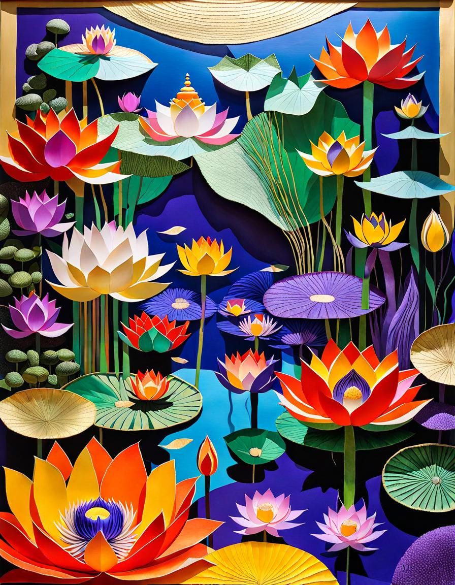 Colorful Lotus Pond Collage in Surreal Style