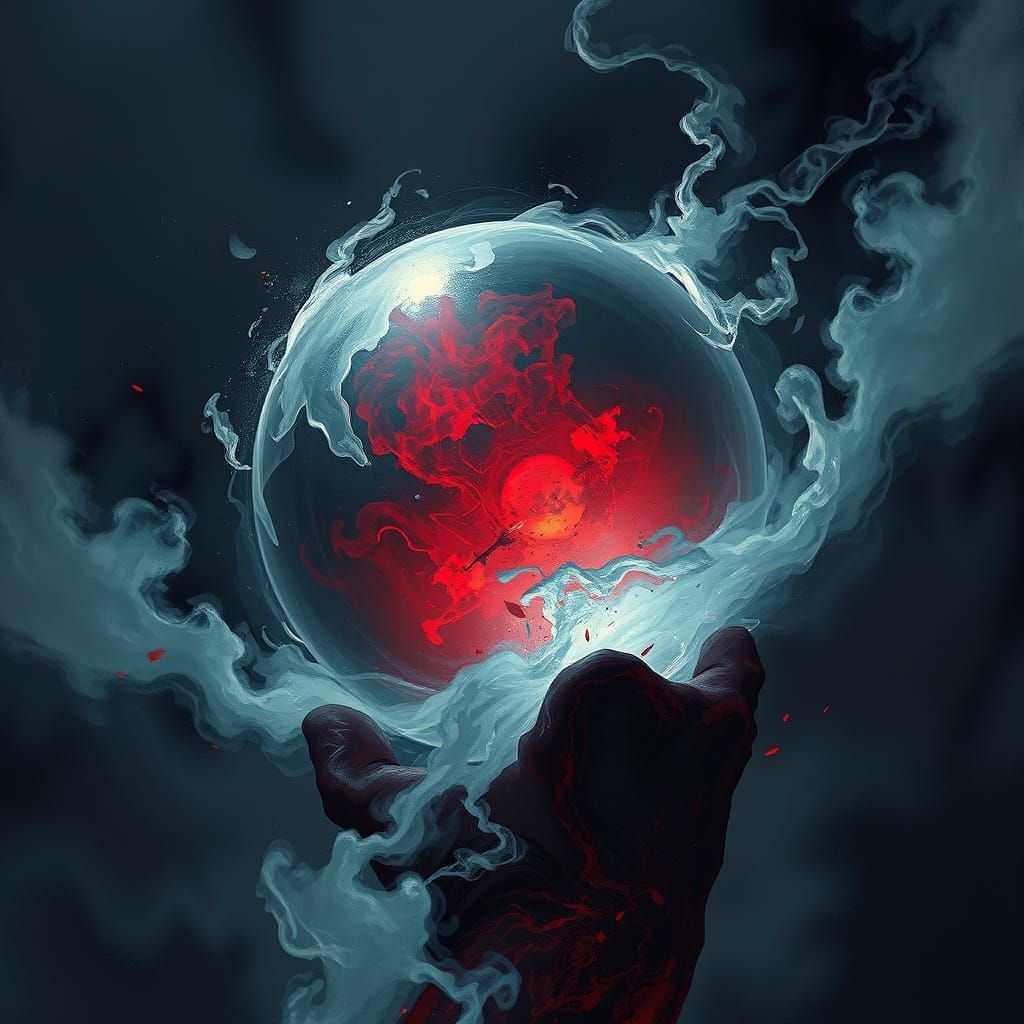 Crystal Ball with White Smoke in Brutalist Splash Art Style