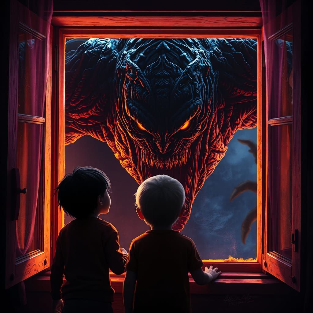 Boy Faces Nightmare Monster in Dark Fantasy Style