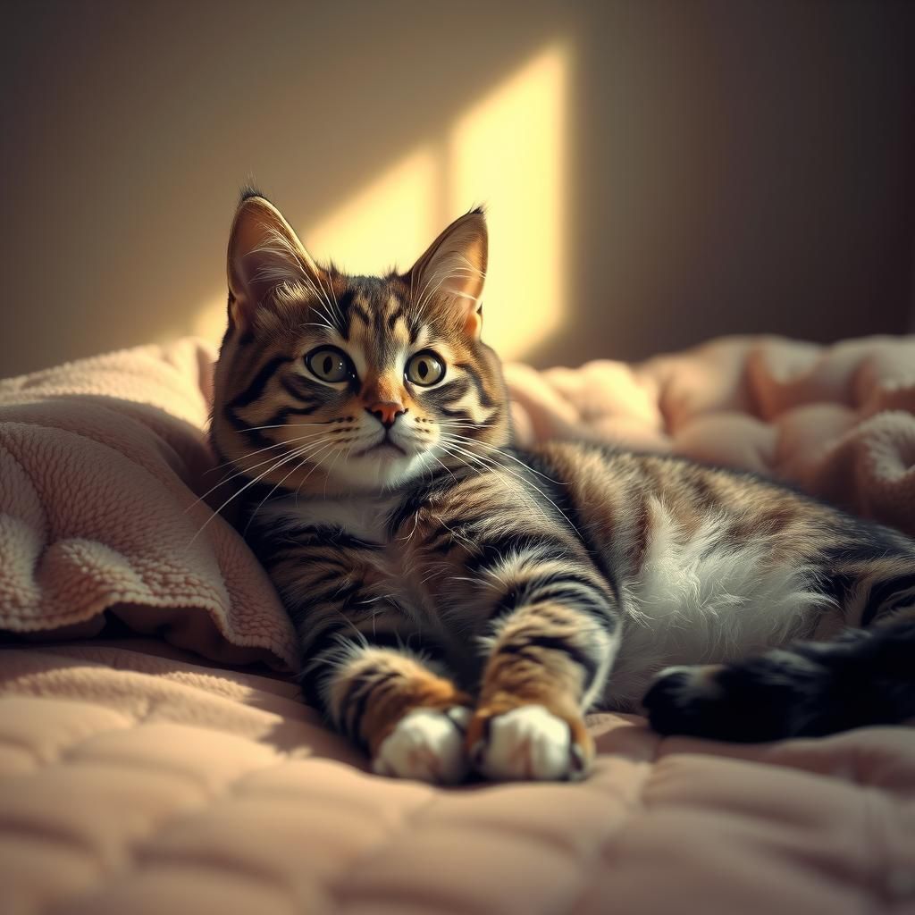 Realistic Tabby Cat Lounging in Warm Light