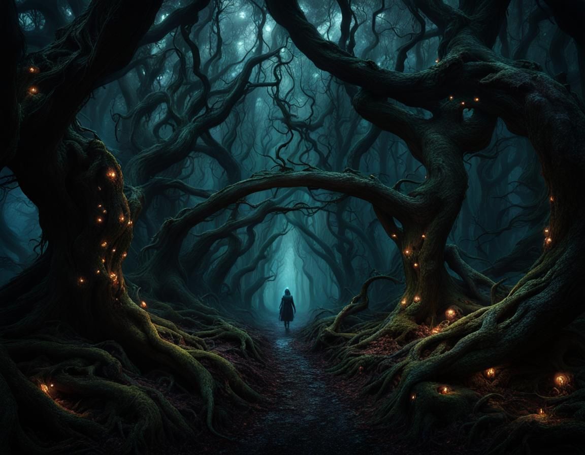 Enchanted Path Through Bioluminescent Shadow Forest