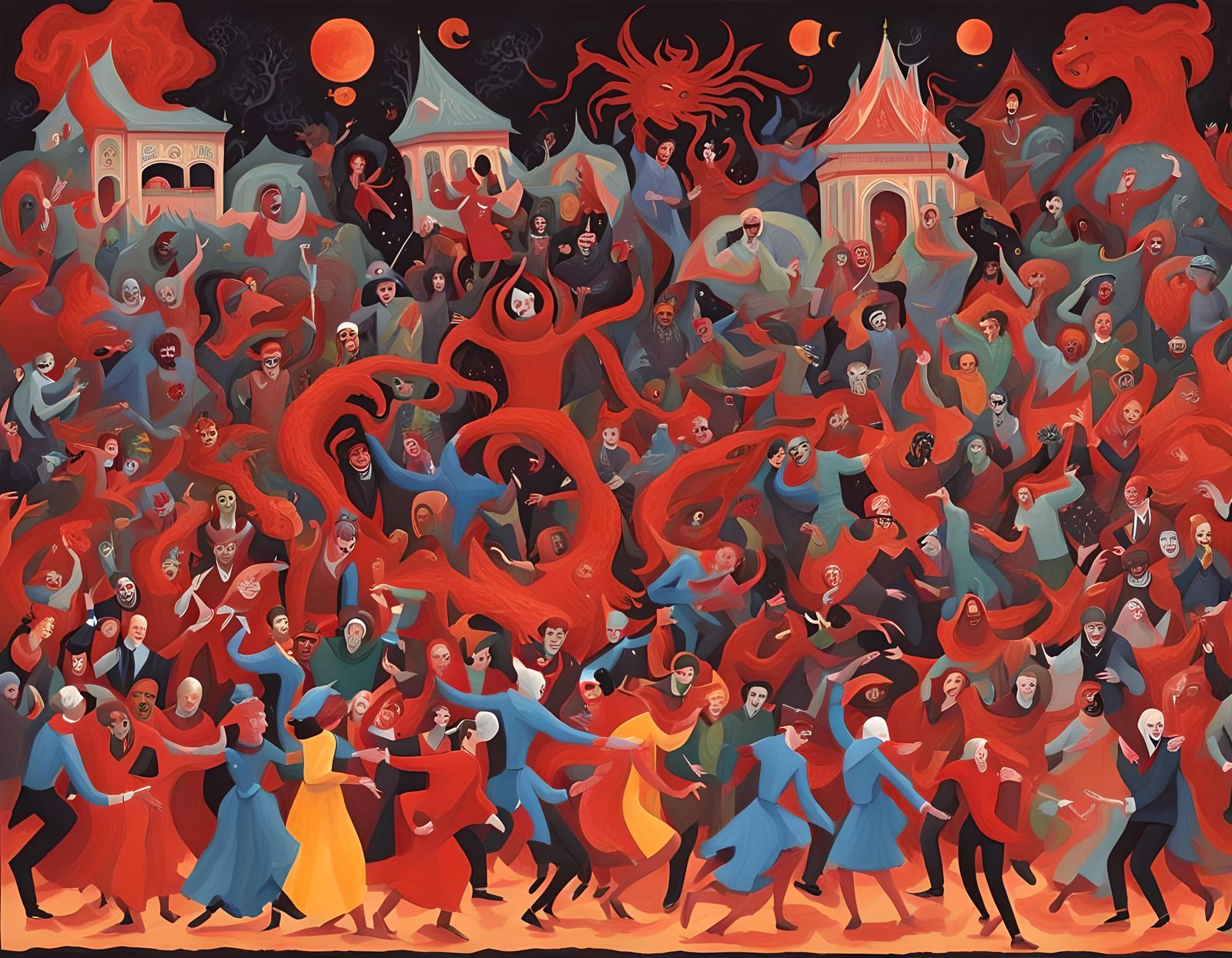 Infernal Festival: A Gouache Painting of Hell