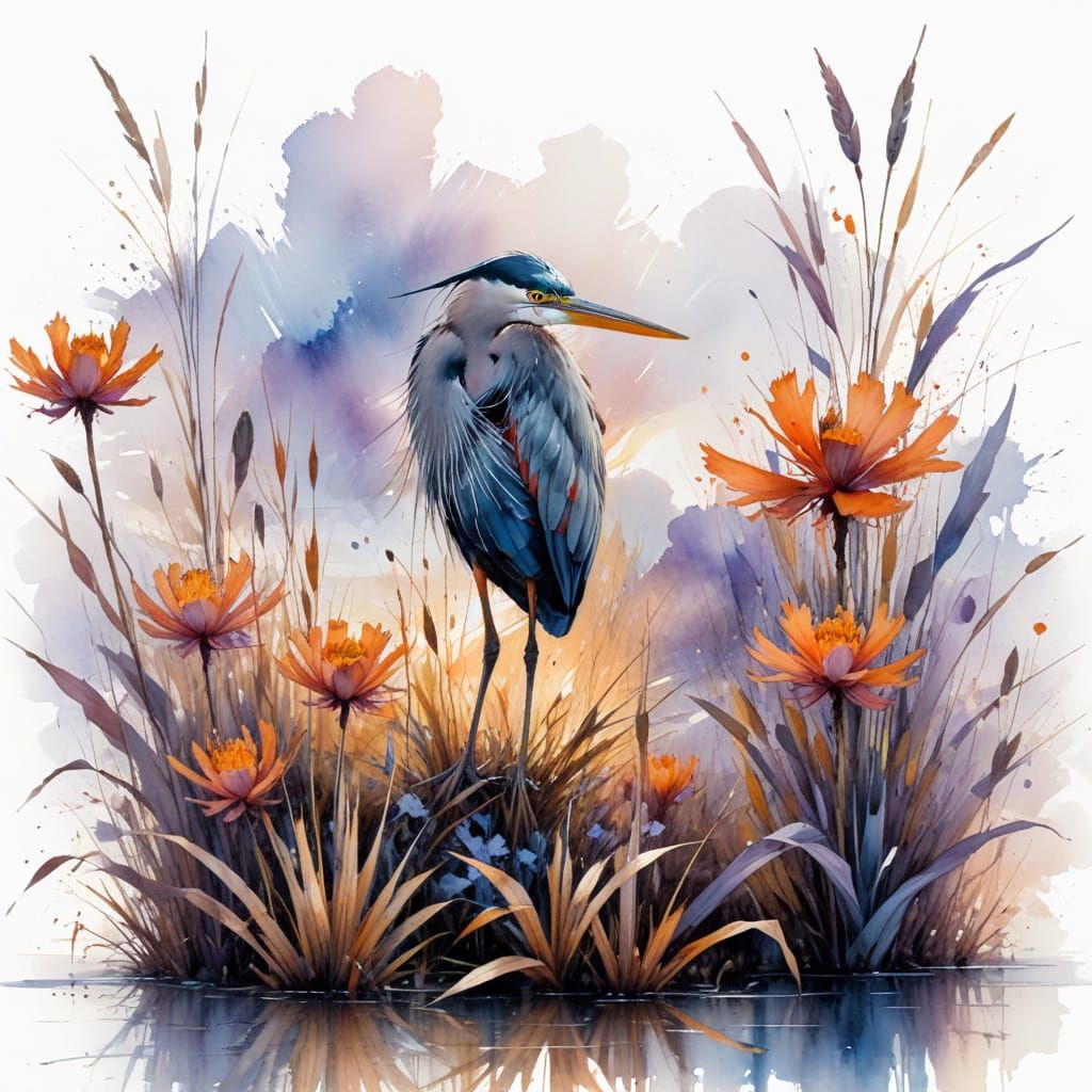Twilight Marshland Heron in Painterly Realism Style