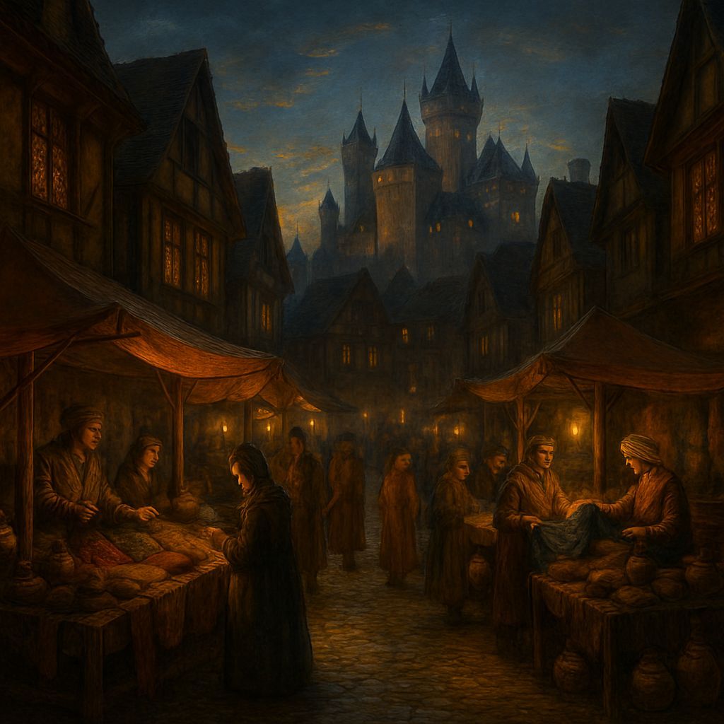 Medieval Marketplace at Dusk: Oil Painting by Dutch Masters