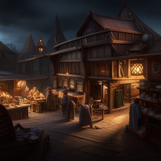 Hyperdetailed Medieval Market in Dark Fantasy Style